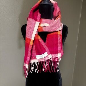 Lochcarron of Scotland 100% Lambswool Checkered Pink and Orange Fringe Scarf